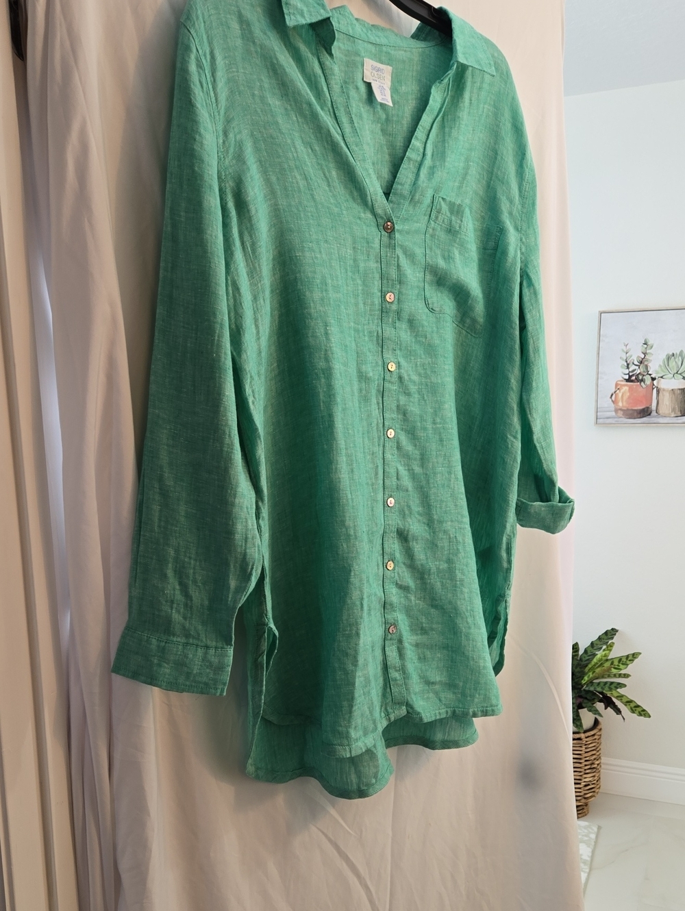 Sigrid Olsen Green Linen Button-Front Blouse